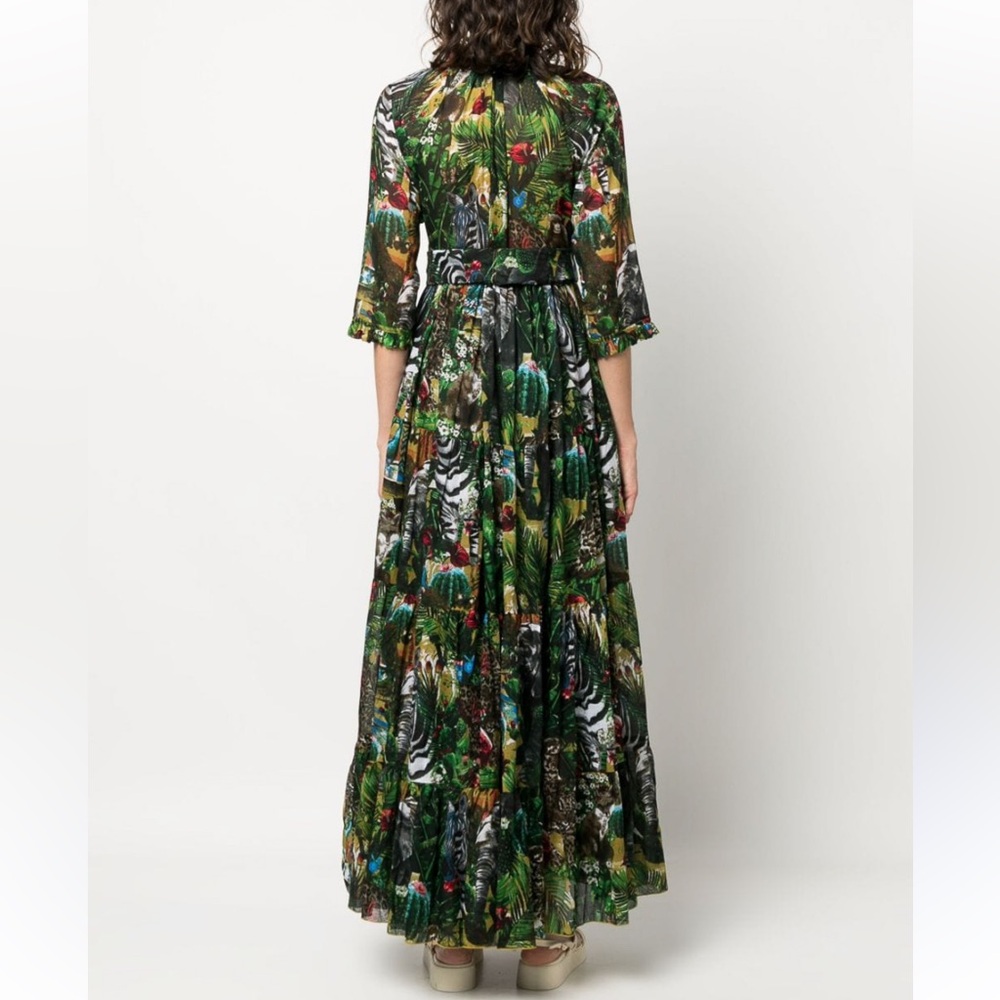 SAMANTHA SUNG Green and Red parrot Leaf Print Maxi Dress
